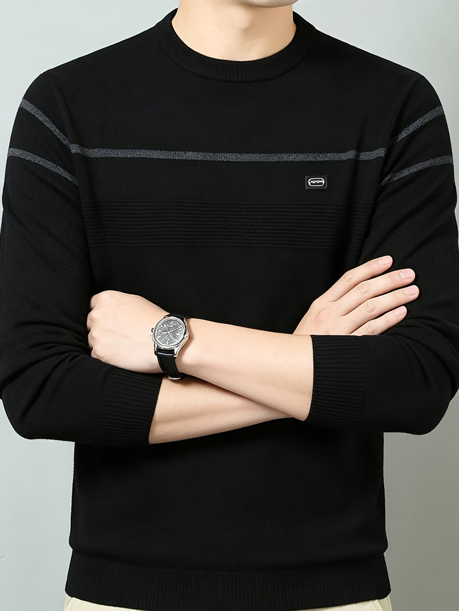 Men's Solid Gray Striped Crewneck Lightweight Knit Sweater, Featuring a Basic Crewneck Design, Ribbed Cuffs, and a Slim-fit Slightly Relaxed Silhouette. Suitable for Young Adults and Middle-aged Men, Ideal for Both Commuting and Daily Casual Wear - Black