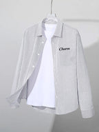 Early Spring Springtime Thin Easy Basic All-Match Men'S Letter Print Long Sleeve Thin Striped Loose Casual Shirt - Grey