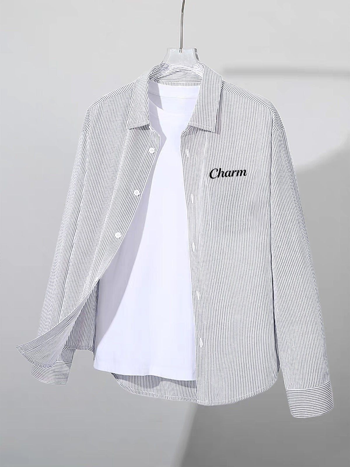 Early Spring Springtime Thin Easy Basic All-Match Men'S Letter Print Long Sleeve Thin Striped Loose Casual Shirt - Grey