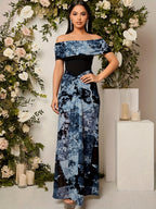 Retro Floral Off-Shoulder Women'S Dress, Artistic Patchwork And French Bare-Shoulder Style - Light Blue
