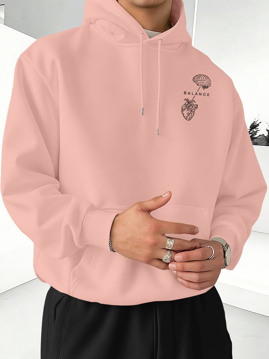 Minimalist Trendy Unisex Hoodie with Brain And Heart Balance Print - Pink Color