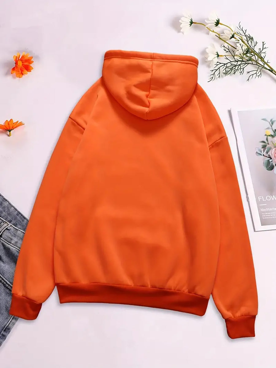 Plus Size 1pc Fashion Women's Autumn/Winter Warm Hooded Sweatshirt with an Elegant and Beautiful Y2K Style Casual Sweatshirt Featuring a Cartoon Smiling Face Print, Winking and Sticking Out Tongue, Playful and Cute. Pattern Print Plus Size -Lined - Orange Red