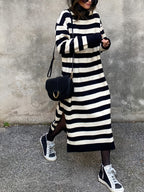 Women's High-Neck Sweater Dress - Loose Fit Dress with Striped Midi/Maxi Length, & Side Slit | Machine Washable Winter Dress Suitable for, Casual, Office, Layering - Black And White