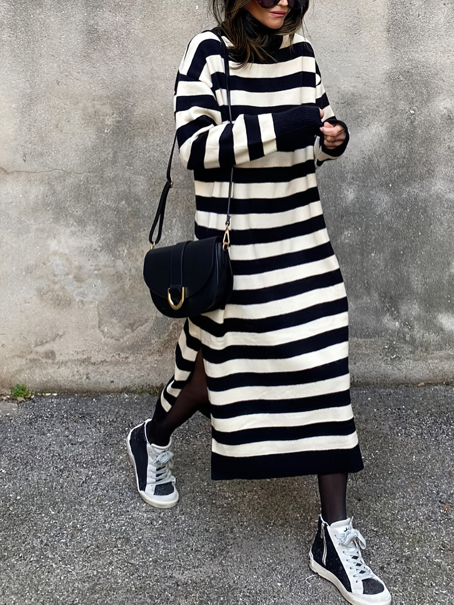 Women's High-Neck Sweater Dress - Loose Fit Dress with Striped Midi/Maxi Length, & Side Slit | Machine Washable Winter Dress Suitable for, Casual, Office, Layering - Black And White