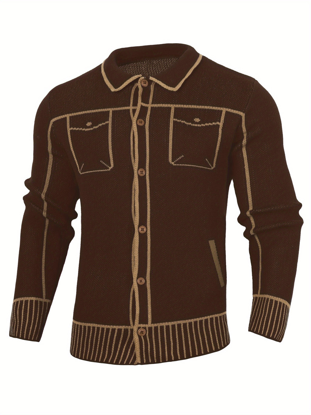 Men'S Casual Knit Cardigan, Fall Winter New Fashion Line Design Cardigan Sweater - Brown