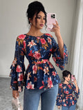 Women'S Summer Elegant Top, Chiffon Floral Print Layered Ruffle Sleeve, Waist Tie Festival Outfit, Holiday Vacation Wear Shirt - Multicolor