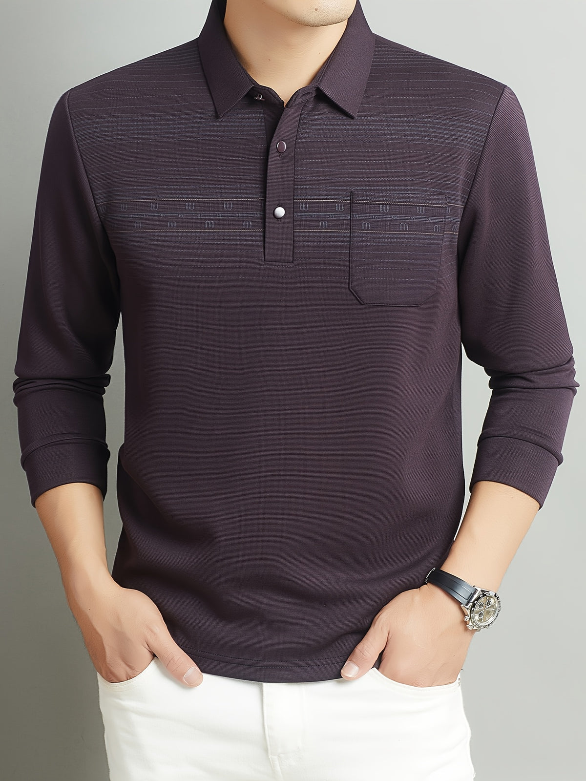 Middle-Aged Men'S Long Sleeve Polo Shirt Spring Autumn Business Casual Lapel Striped with Pocket Top - Purple