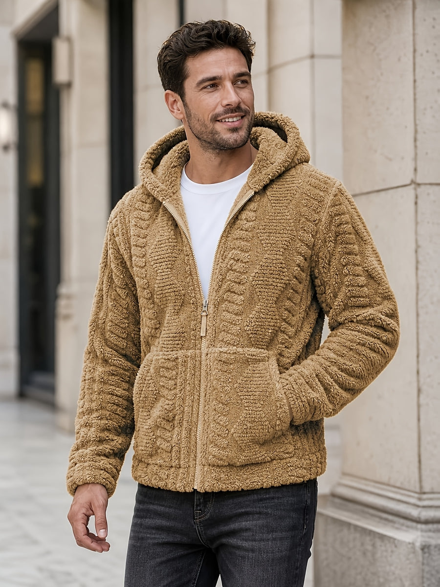 Men'S Plush Fleece Hooded Jacket, Full-Zip Long Sleeve Outerwear with Hand Pockets, Elastic Cuffs And Hem, Solid Color Textured Casual Jacket for Fall/Winter Daily Wear, Travel And Outdoor Activities - Khaki