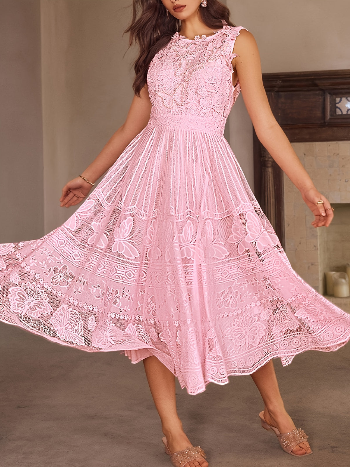 Wedding Guest Dress Women'S New Temperament Elegant Sleeveless Lace Floral Pattern A-Line Skirt Long Dress - Pink