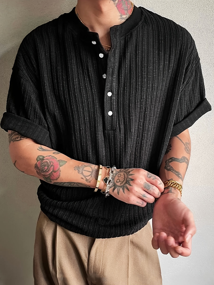 Men'S Knit Pullover Shirt Textured Pleated Soft Short Sleeve Old Money Style Button-Up Henley T-Shirt Men'S Slim Fit V-Neck Top - Black