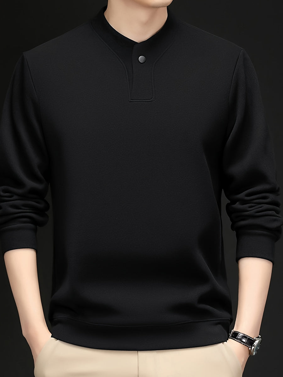Men'S Single-Button Henley Collar Fleece Long Sleeve Top, Solid Color Minimalist Design Without LOGO, Light Luxury Easy Men'S Style - SINBOS - Black