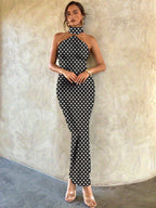 Polka Dot Pattern Elegant and Sexy Metal Buckle Embellished Hollow-out Slim-fit Stretch Knit Dress, Women's Fashionable and Elegant Party Bridesmaid Dress - Black And White