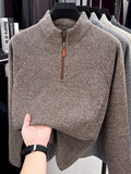 1pc Du Jing Lan OBM Men's Half-Zip Sweater - Solid Color Ribbed Knit Pullover with Stand Collar, Half-Zip Front Suitable for Layering, Business Casual & Outdoor Wear, Long Sleeve for Golf, Basketball, Daily Layering ( Autumn/Winter New Arrival) - Coffee Color