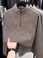 1pc Du Jing Lan OBM Men's Half-Zip Sweater - Solid Color Ribbed Knit Pullover with Stand Collar, Half-Zip Front Suitable for Layering, Business Casual & Outdoor Wear, Long Sleeve for Golf, Basketball, Daily Layering ( Autumn/Winter New Arrival) - Coffee Color