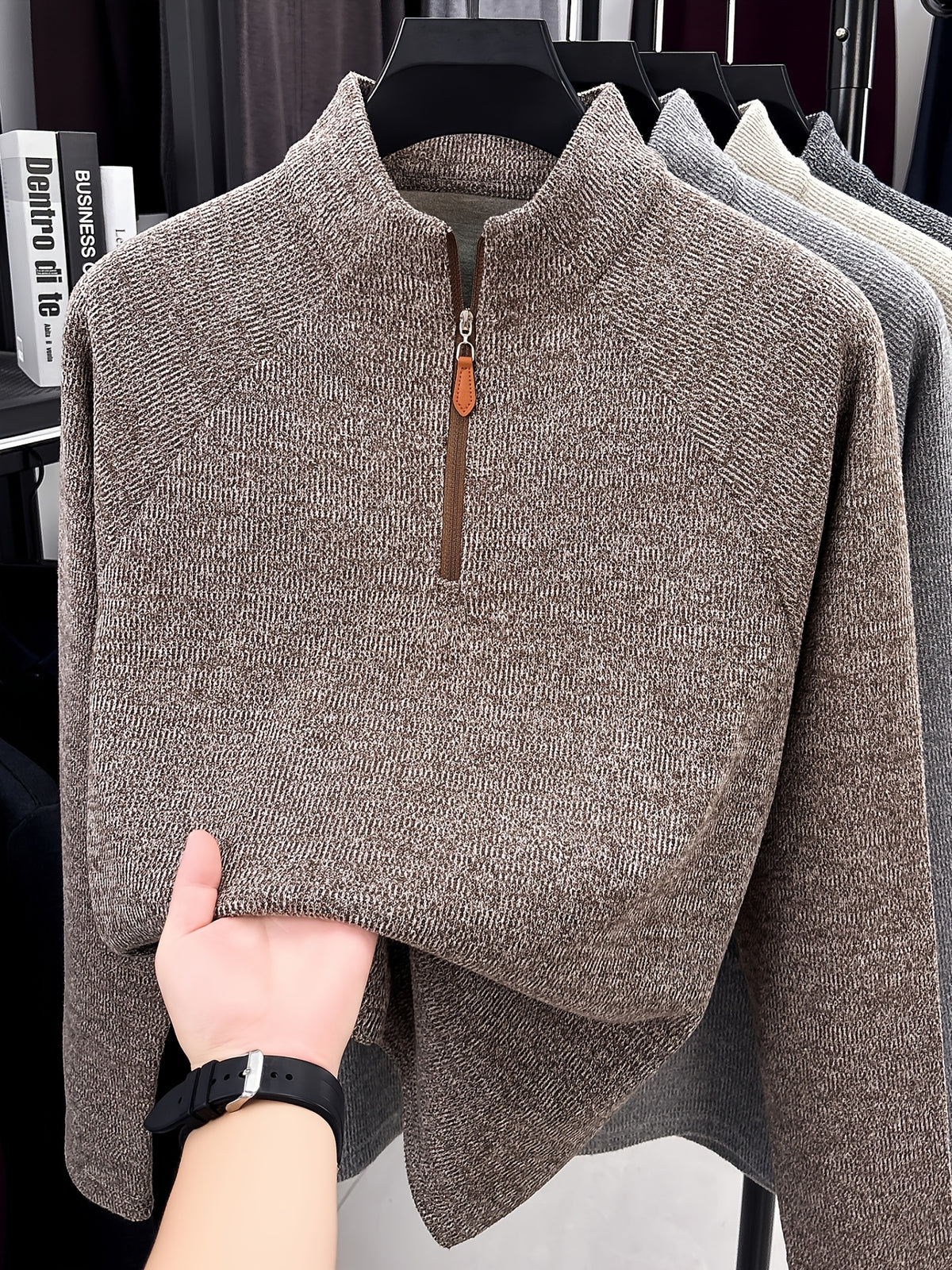 1pc Du Jing Lan OBM Men's Half-Zip Sweater - Solid Color Ribbed Knit Pullover with Stand Collar, Half-Zip Front Suitable for Layering, Business Casual & Outdoor Wear, Long Sleeve for Golf, Basketball, Daily Layering ( Autumn/Winter New Arrival) - Coffee Color