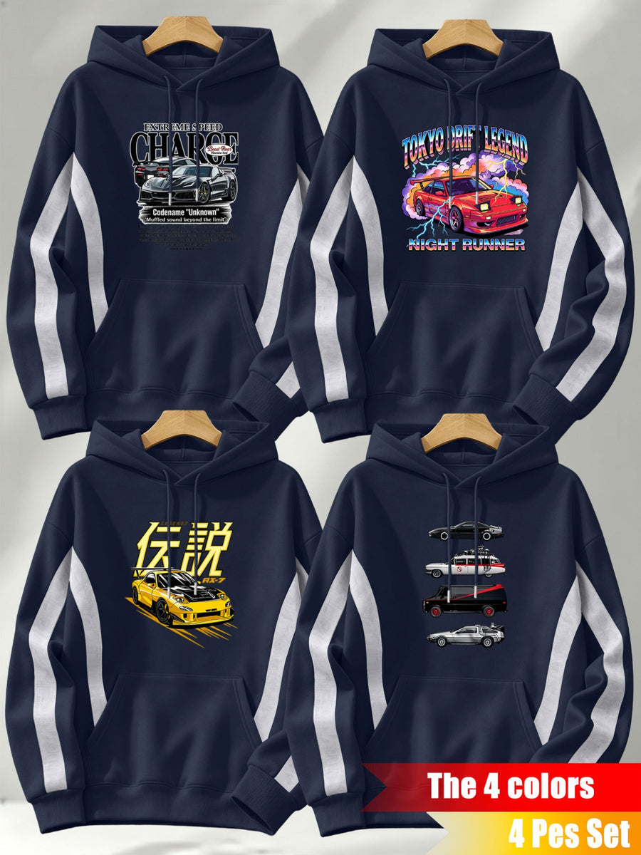 4pcs Set: 2026 Autumn/Winter Men's Street Style Hooded Sweatshirt with Diagonal Contrast Color Stripes on Sleeves, Long Sleeves, Adjustable Drawstring, Large Capacity Kangaroo Pocket for Phones, Skin-Friendly and Warm, Versatile Pullover Hoodie - Navy Blue+Navy Blue+Navy Blue+Navy Blue