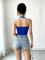 Women'S Spring Summer Halter Neck Solid Color Cami Tank Top, Spicy Sheer Short Top for Inner Wear And Outer Wear, Classic Versatile Style - Blue