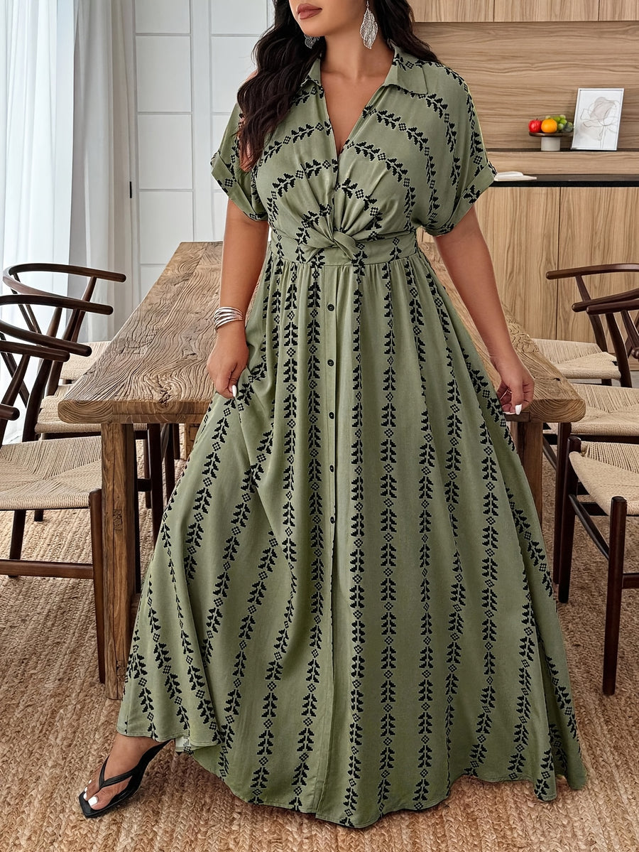 Plus Size Pink Geometric Print Shirt Dress, Women'S Short Sleeve Tie Front Maxi Dress, Casual Button A-Line Dress for Curvy Ladies 2026SS - Olive Green