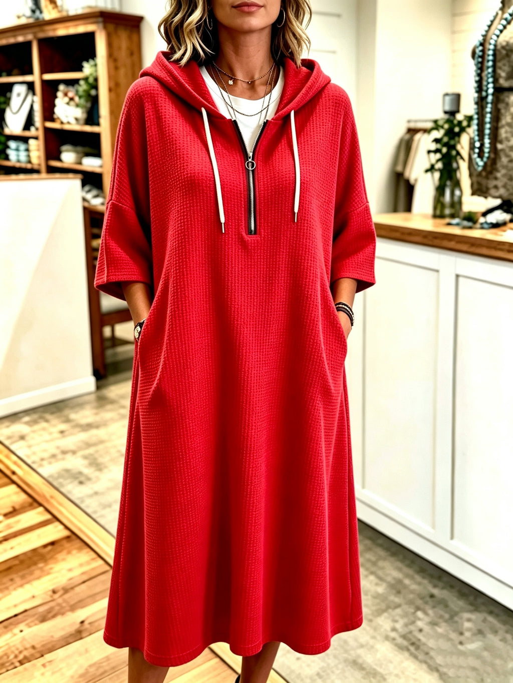 Plus Size - Spring Autumn New Waffle Half-Zip Hooded Sweatshirt Dress Women'S Loose Plus Size Three-Quarter Sleeve Drawstring Pocket Mid-Length Casual Style Solid Color Pullover Dress - Red