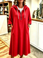 Plus Size - Spring Autumn New Waffle Half-Zip Hooded Sweatshirt Dress Women'S Loose Plus Size Three-Quarter Sleeve Drawstring Pocket Mid-Length Casual Style Solid Color Pullover Dress - Red