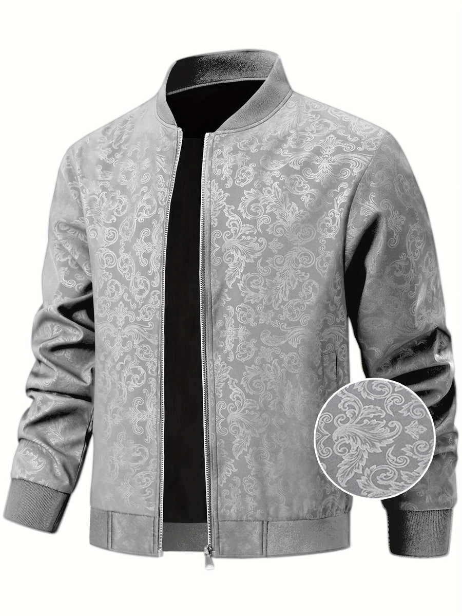 [Sizi Bean OBM] Men'S Jacket Casual Jacket, Stamped Phoenix Print Texture Chinese Style Baseball Collar Top, 97% 3% Spandex Suitable for Spring Autumn Outdoor Windproof Wear - Light Grey