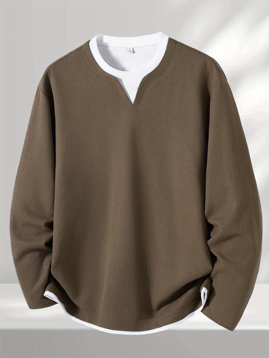 Men'S Spring And Autumn Fashion Waffle Long Sleeve T-Shirt - Coffee Color