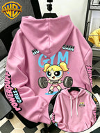 Warner Bros Official Dumbbell Bubble Cartoon Print Hoodie - Men's Fashion Hoodie with Adjustable Drawstring, Loose and Comfortable Sweatshirt, Suitable for Daily and Outdoor Sports Wear, the Perfect Choice for Warmth in Autumn and Winter! Sizes - Pink Color