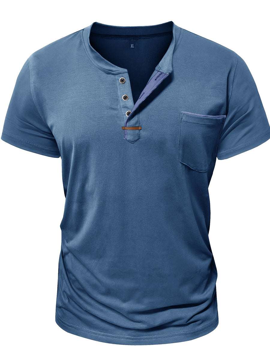 Fashion Men's Summer Short-sleeve T-shirt, Casual Round-neck Henley Shirt with Pocket - Blue