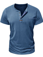 Fashion Men's Summer Short-sleeve T-shirt, Casual Round-neck Henley Shirt with Pocket - Blue