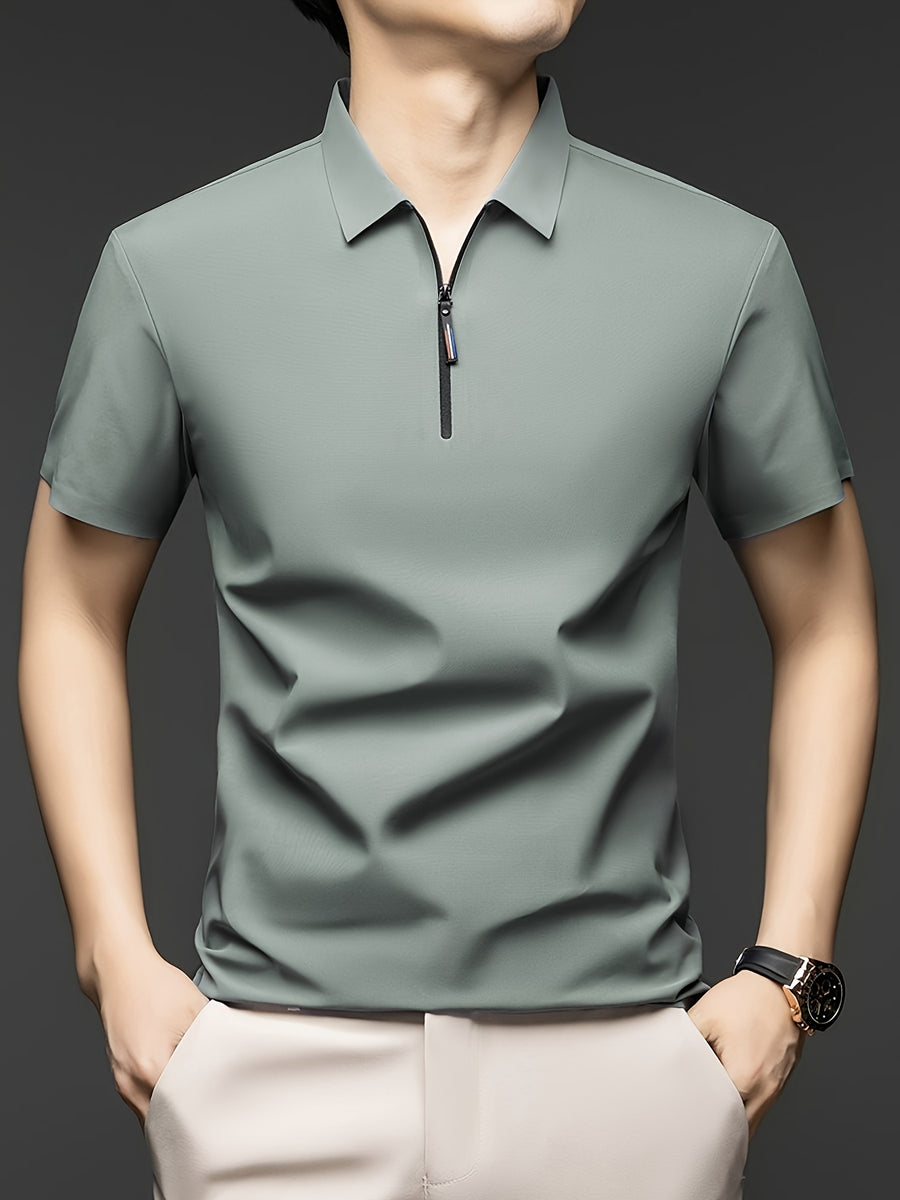 Men's Summer Short-Sleeve Half-Zip Lapel Polo Shirt - Solid Color T-Shirt Suitable for Casual & -Casual Wear, Breathable Half-Zip Collar, Short Sleeve Lapel Collar, Hand Washable Solid Color Polo Tee for Office or Everyday Outfits - Bean Green