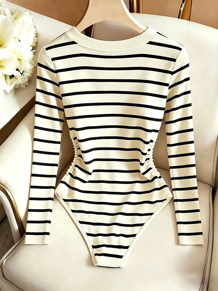 Women'S Tight Top, Striped V-Neck Fitted Top with Waist Ruching Design, Temperament Elegant Style Long Sleeve Base Layer, ASD1 - Stripe
