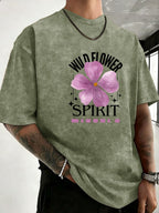 Mid-Summer Vacation Style Unisex T-Shirt, Pure Washed Distressed, Double-Sided Print, Breathable And Sweat-Absorbent, Loose Fit Outdoor Hiking Sports Trendy Casual Short Sleeve, Sweat-Resistant - Military Green