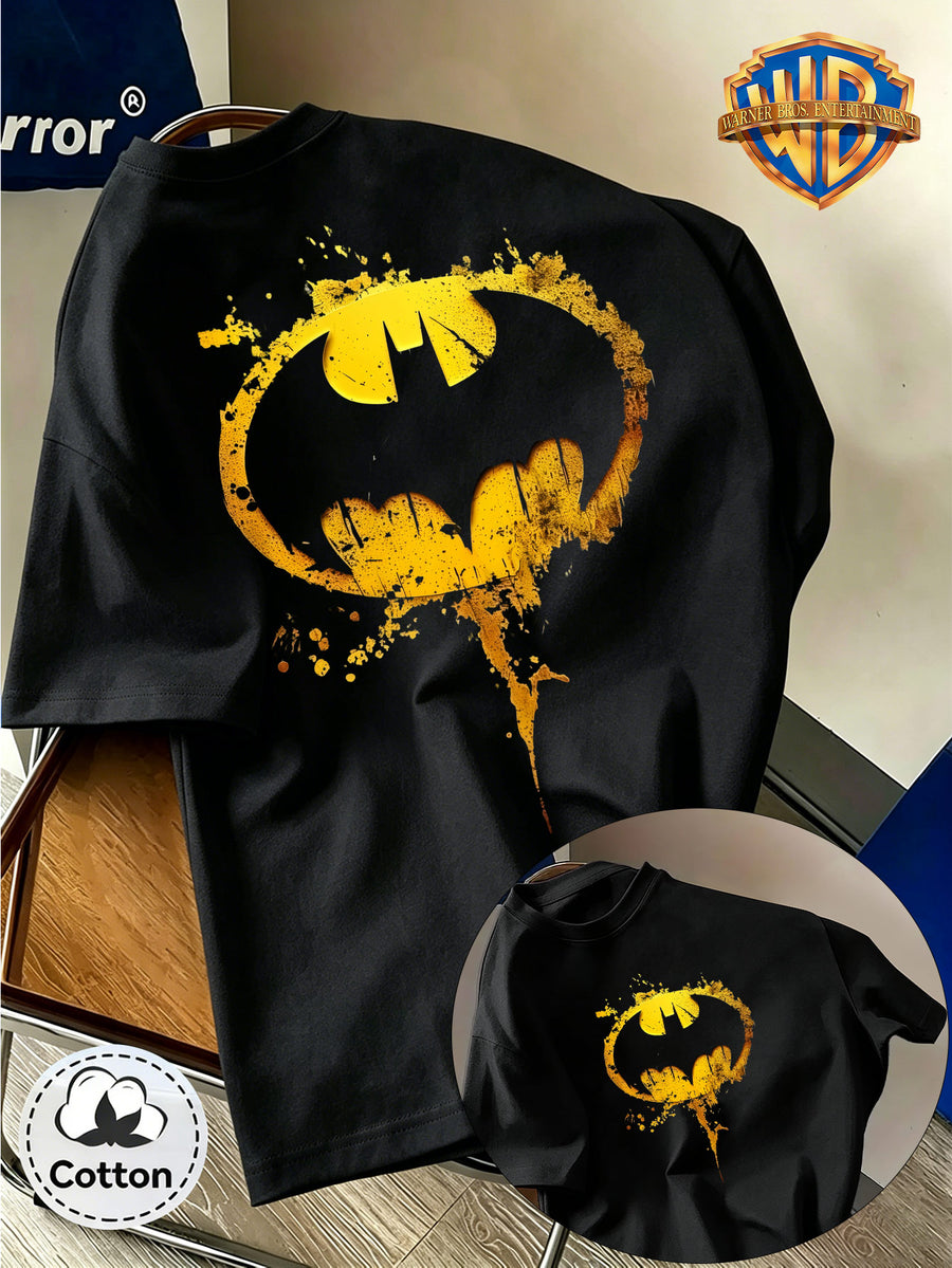WB Warner Bros. DC Batman Official Men's T-Shirt - 100% Cotton Loose Fit Retro Bat-Symbol Ink Splatter Logo Print, Dad+Me Suitable for Summer Casual Wear, Machine Washable Suitable for Parties, Gifts & Everyday Outfits - Black