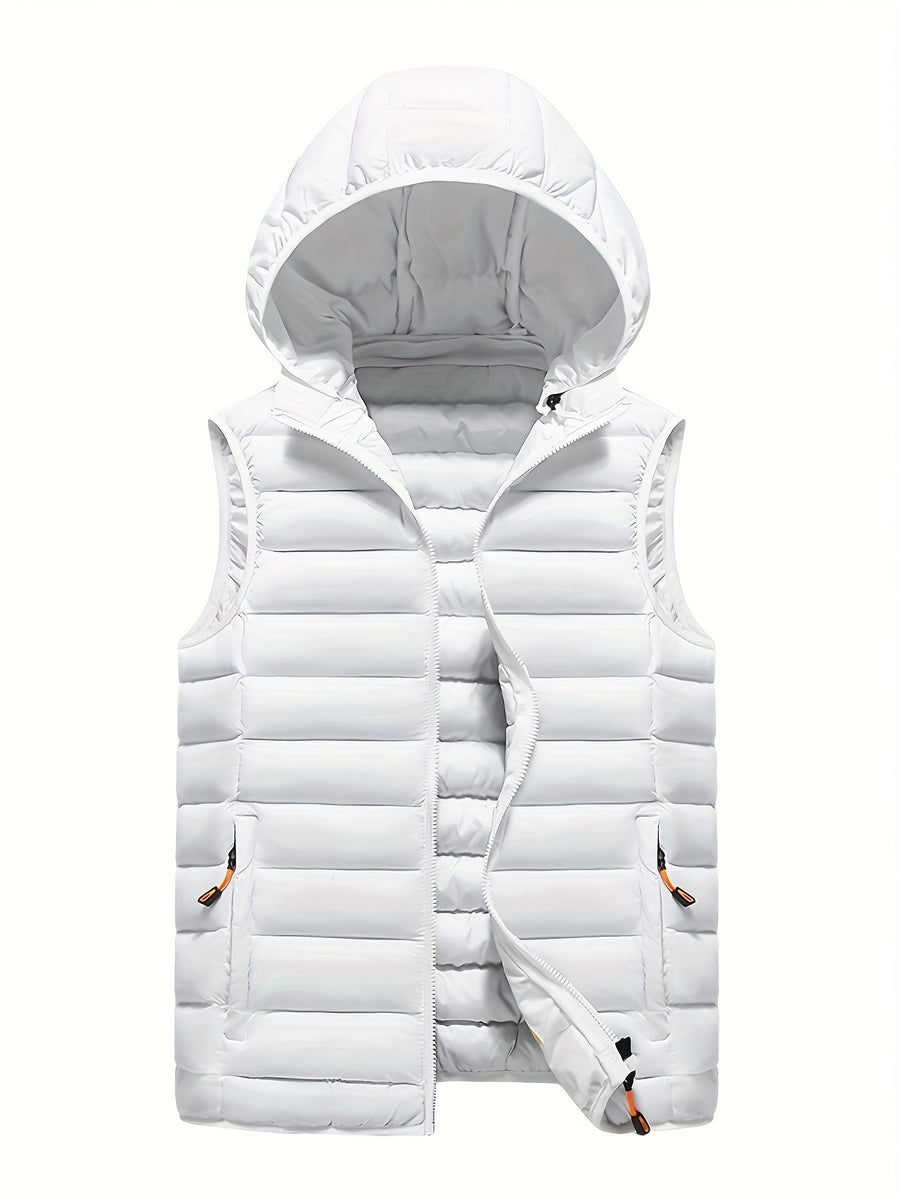 Men'S Slim-Fit Hooded Vest - Lightweight Non-Stretch Jacket, Front Zipper Closure, Side Pockets - Cold Weather Outerwear for Everyday & Formal Events - Fall/Winter, Winter Clothing, Sleek Design, Durable Construction, Stylish Outerwear, Urban Style - White