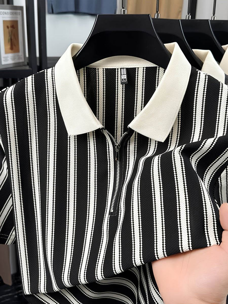 [Star Prosperity Selection] Summer Men'S Lapel Polo Shirt, Trendy Fashionable All-Match Zipper Striped Top, Business Casual Short Sleeve T-Shirt, Suitable for Daily Work Scenarios - Black