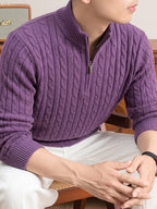 Men'S Half-Zip Jacquard Knit Sweater, Retro Luxury, Breaking The Monotony of Middle-Aged Sweaters, Suitable for Business Casual - SINBOS - Light Purple