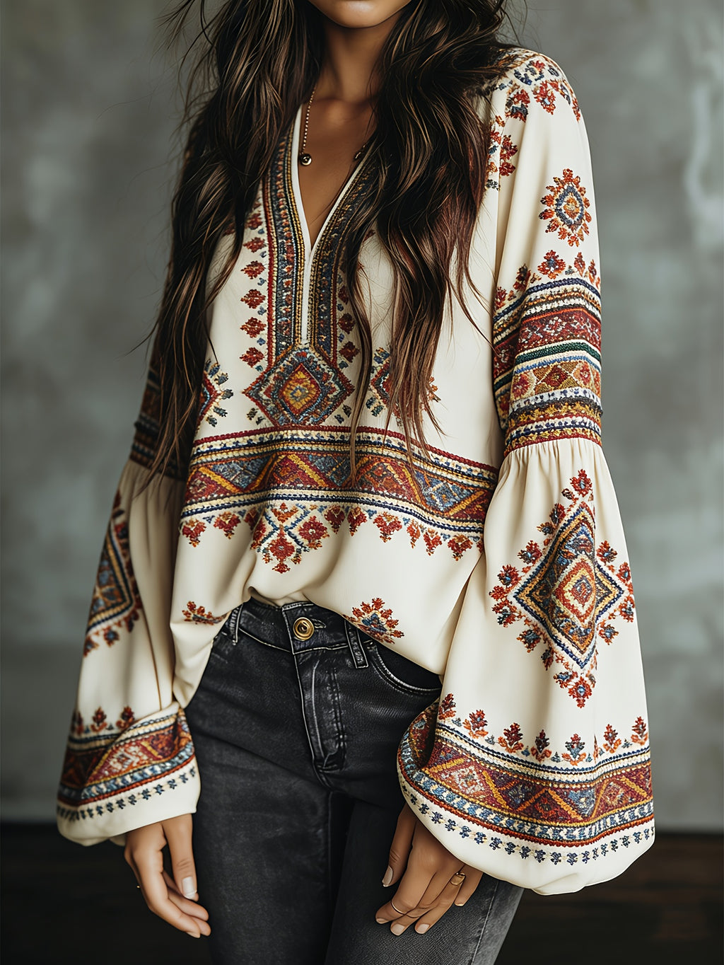 Bohemian Ethnic Print V-neck Blouse | Vintage Loose Fit Long Sleeve Top for Women, Spring/Summer - Apricot