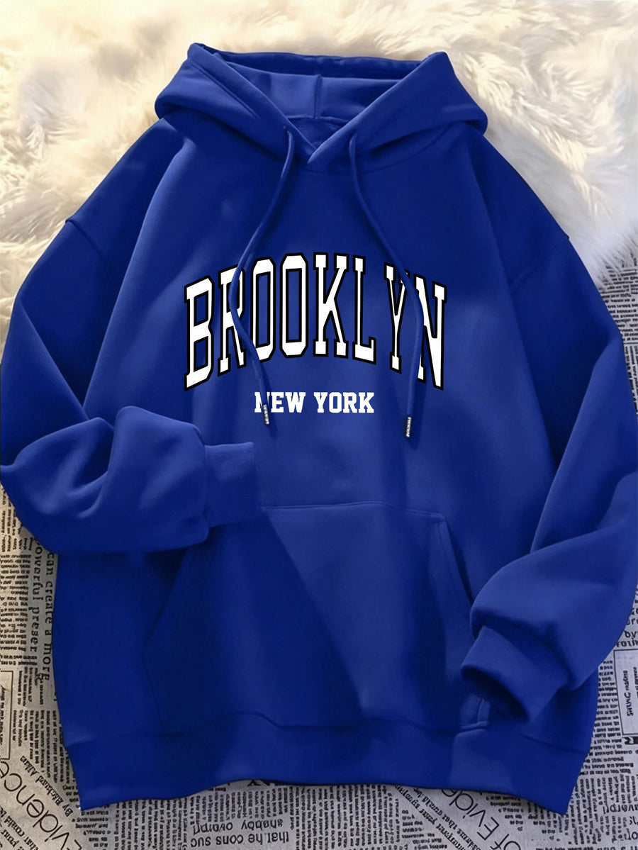 BROOKLYN NEW‑YORK Unisex Versatile Hoodie, Casual and Comfortable Long-Sleeve Pullover, Suitable for Spring, Autumn, and Winter - Blue