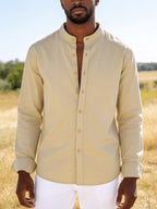 26-Year-Old Men'S New Small Stand-Up Collar Long-Sleeve Shirt, Classic Solid Colors And Multi-Colors Available. Soft, Breathable, Loose Fit for Men, Versatile Shirt for Daily Leisure - Khaki