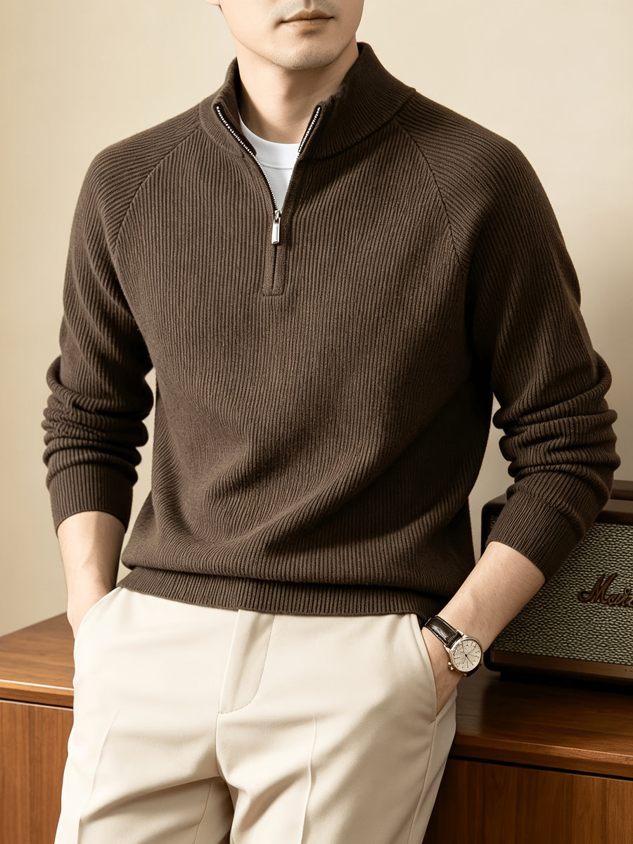 Du Jing Lan OBM Spring/Autumn New Arrival Men's Knitted Pullover, Old Money Style Solid Color Half-Open Placket Stand Collar Long Sleeve Knitted Pullover, Men's Business Casual Fashion Ribbed Sweater, Suitable for Layering or Wearing as an Inner - Dark Brown