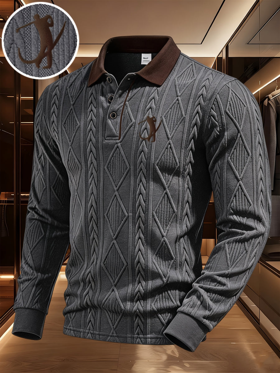 Men'S Fashion Long-Sleeve Polo Shirt, 3D Relief Golf Character Print, Foam Weight Craft, Contrast Color Reversible Design T-Shirt, Essential for Golf And Polo Wear, Breathable Warm And Skin-Friendly Comfort, Indoor Gatherings And Outdoor Sports - Grey