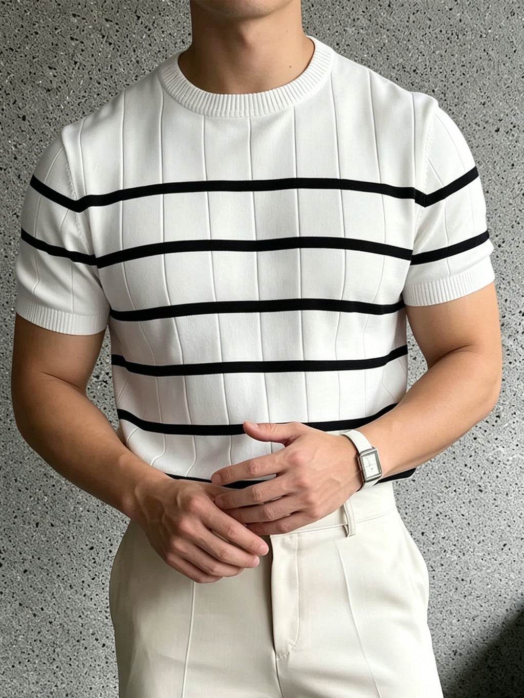 Men'S Striped Short-Sleeve Knit Pullover Sweater, Regular Round Neck Top, Business Casual Summer New Style - Off-white