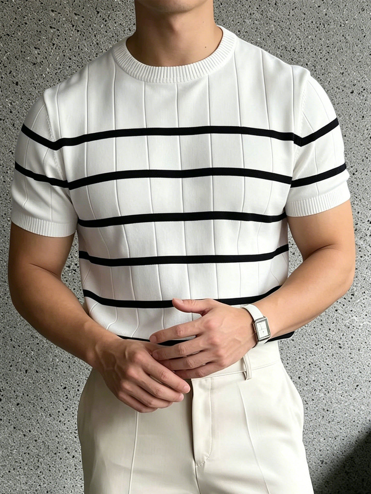 Men'S Striped Short-Sleeve Knit Pullover Sweater, Regular Round Neck Top, Business Casual Summer New Style - Off-white
