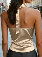 Spring Summer New Women'S Top, French Niche Design Halter Cami, Metal Buckle Decor, Satin Smooth Comfortable Luxurious Texture Top - Khaki