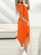 Women'S Letter Print Casual Solid Color Round Neck Short Sleeve Side Slit Dress - Orange