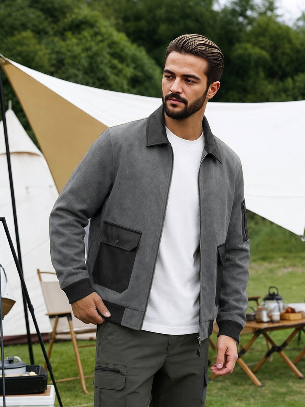 EXARUS American Retro Men'S Lapel Jacket, Patchwork Cargo Zipper Coat, Western Street Trendy Top. Delicate Contrast Color Pockets, Chest Button-Up Pouch And Arm Zippered Sleeve Pockets, Brown And Gray Available, Loose Fit - Grey