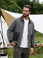 EXARUS American Retro Men'S Lapel Jacket, Patchwork Cargo Zipper Coat, Western Street Trendy Top. Delicate Contrast Color Pockets, Chest Button-Up Pouch And Arm Zippered Sleeve Pockets, Brown And Gray Available, Loose Fit - Grey