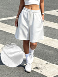 Women's Hot Style White Rhinestone Knee-Length Pants, Elegant and Loose-Fitting, Casual S Shorts with Drawstring Pocket Design, Versatile and Comfortable Sweatshirt Pants - White