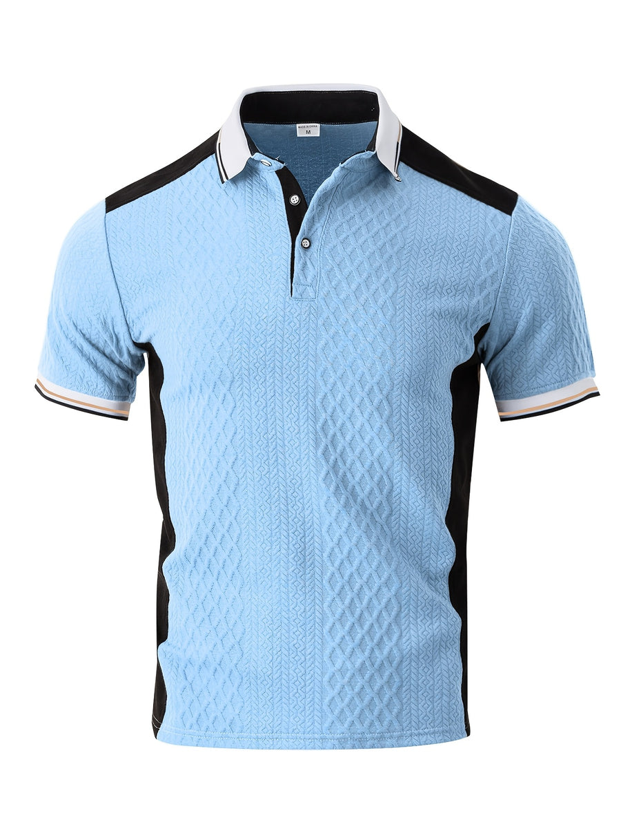 Men's Fashion New Color-Block Polo Shirt with Collar, Jacquard Design, Soft Fabric, Versatile for Outdoor Streetwear and Beach Vacation Outfits - Light Blue