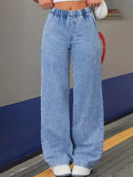 1pc Women'S Fashion High Waist Elastic Waist Straight Leg Jeans | Comfortable Loose Fit, Washed Denim, Pocket Details, All-Season Wear - Light Blue